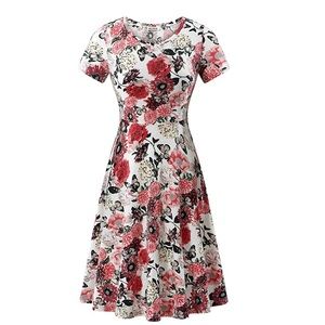 Short sleeve round neck flared midi dress